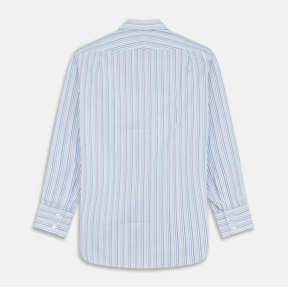 The Turnbull & Asser Blue Multi Blazer Stripe Regular Fit Mayfair Shirt features light blue and white vertical stripes, a signature Mayfair collar, and is neatly displayed on a white background.