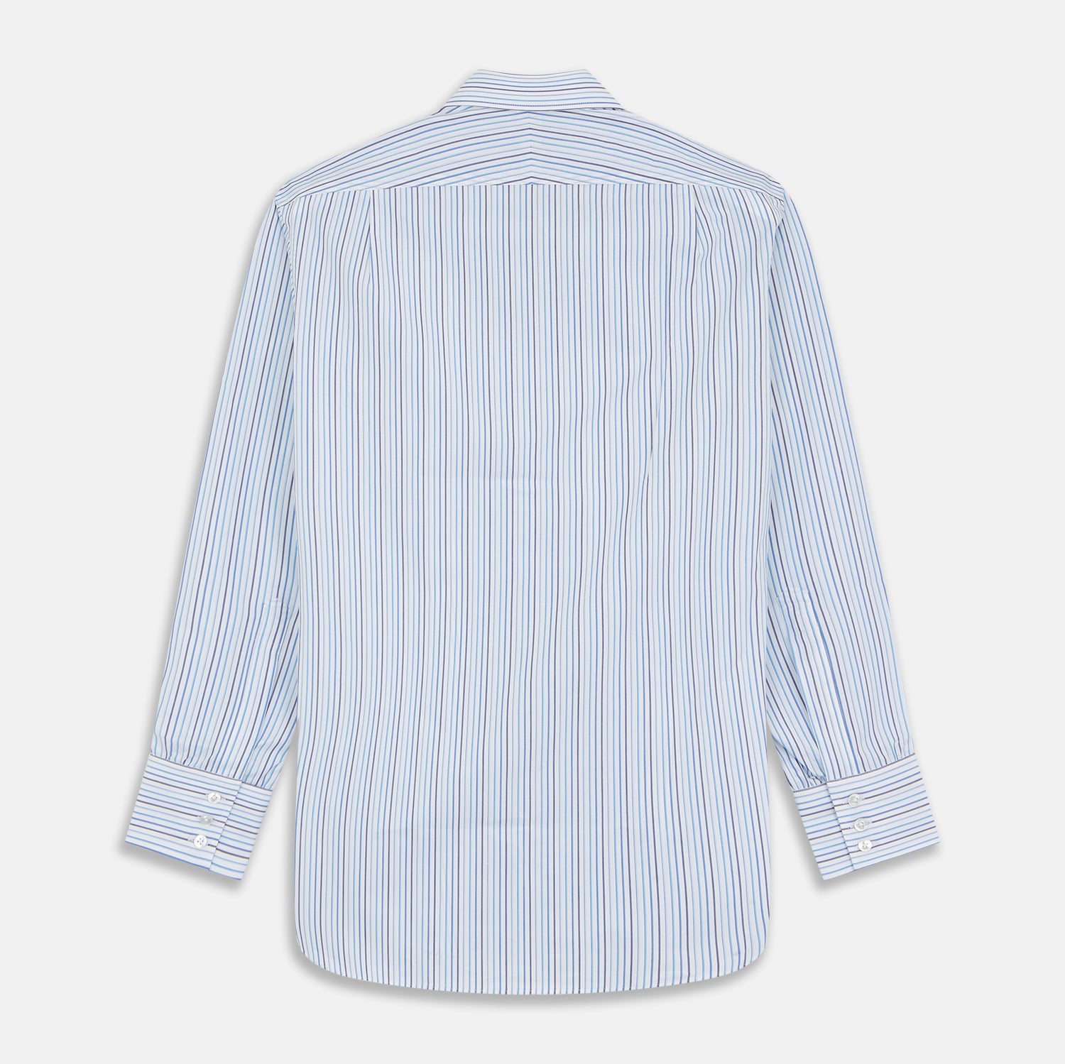 View 5 of product The Turnbull & Asser Blue Multi Blazer Stripe Regular Fit Mayfair Shirt features light blue and white vertical stripes, a signature Mayfair collar, and is neatly displayed on a white background.