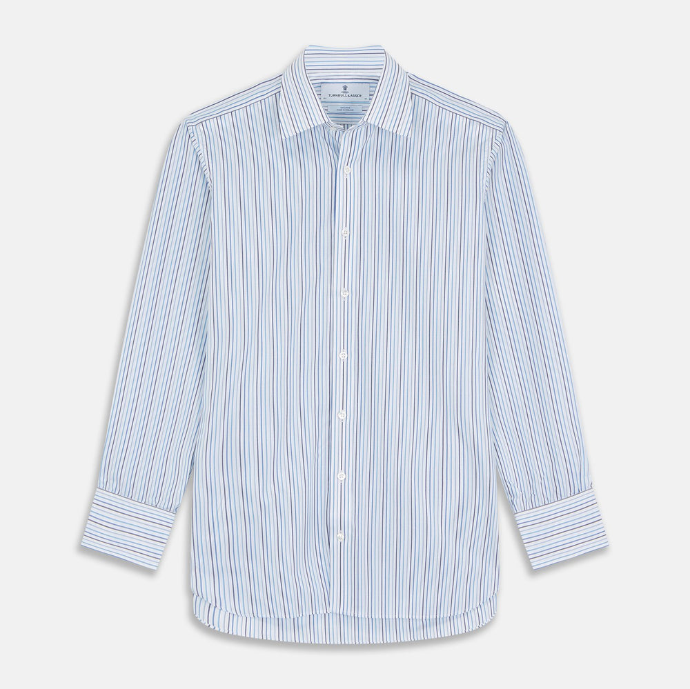 The Turnbull & Asser Blue Multi Blazer Stripe Regular Fit Mayfair Shirt features light blue and white vertical stripes, a signature Mayfair collar, and is neatly displayed on a white background.