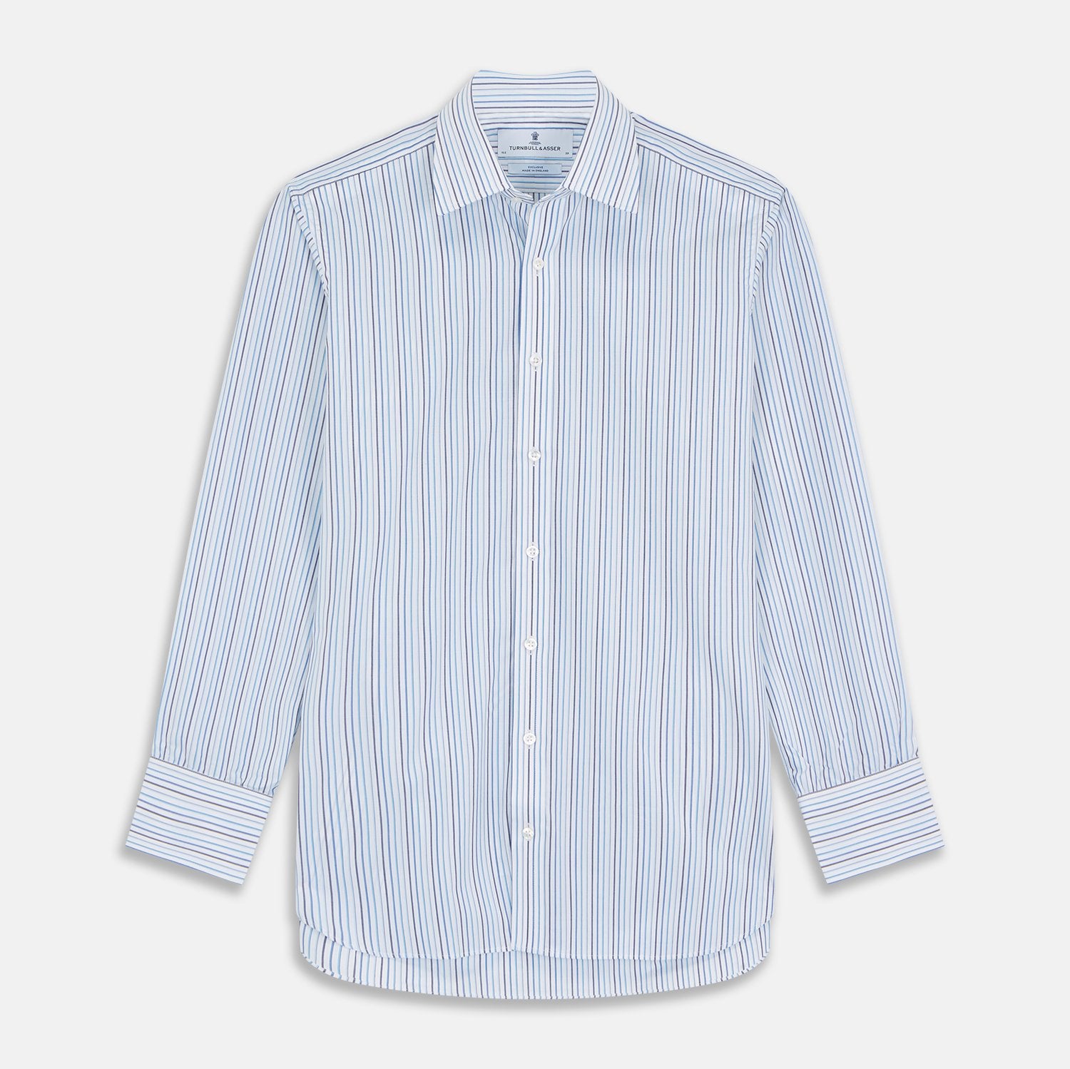 View 1 of product The Turnbull & Asser Blue Multi Blazer Stripe Regular Fit Mayfair Shirt features light blue and white vertical stripes, a signature Mayfair collar, and is neatly displayed on a white background.