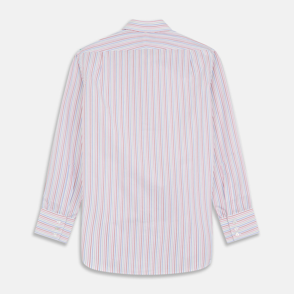The Turnbull & Asser Red Multi Blazer Stripe Mayfair Shirt features a regular fit, thin red and blue stripes on white, buttoned cuffs, a T&A collar, and classic formal styling.