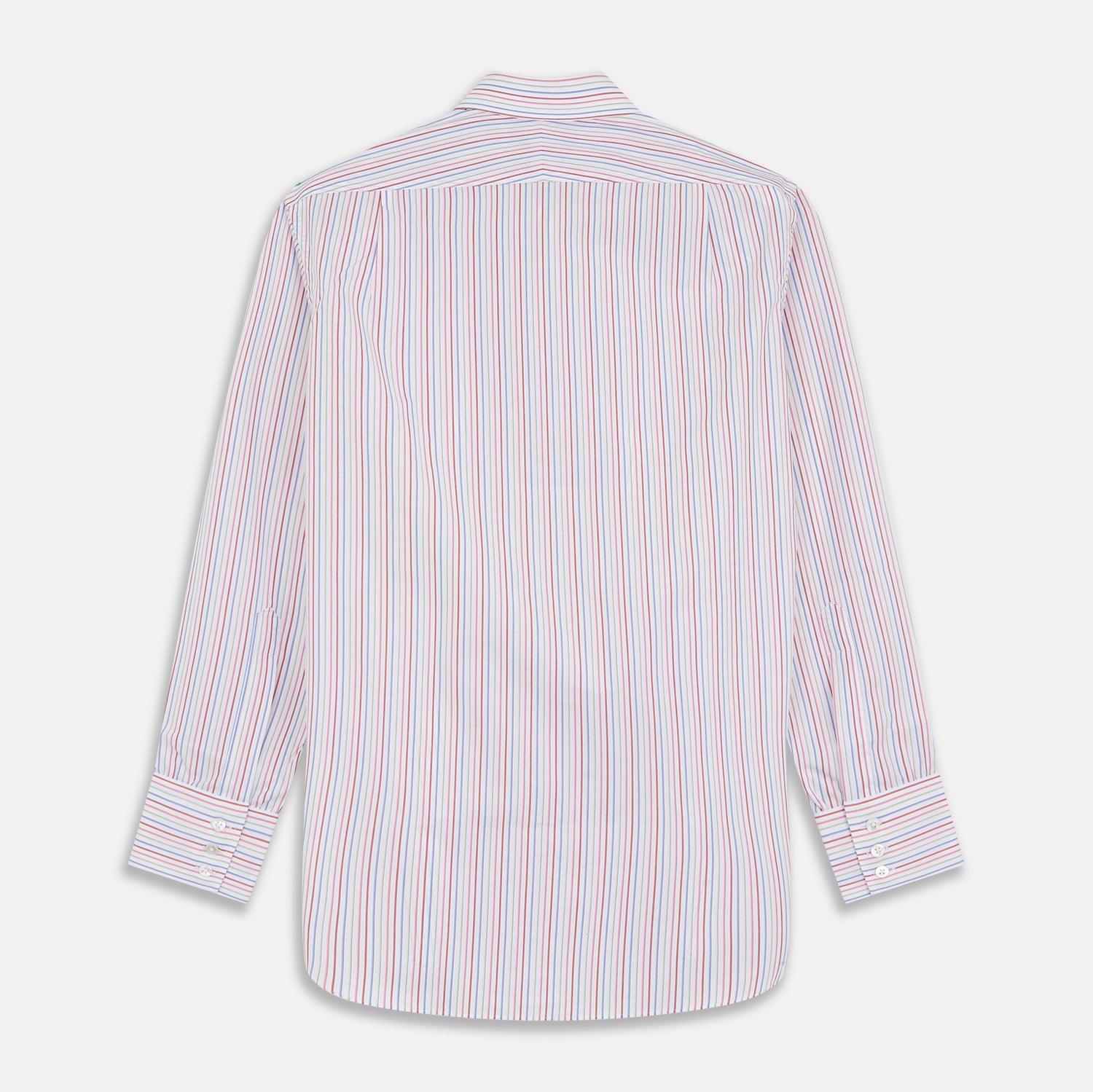 View 4 of product The Turnbull & Asser Red Multi Blazer Stripe Mayfair Shirt features a regular fit, thin red and blue stripes on white, buttoned cuffs, a T&A collar, and classic formal styling.