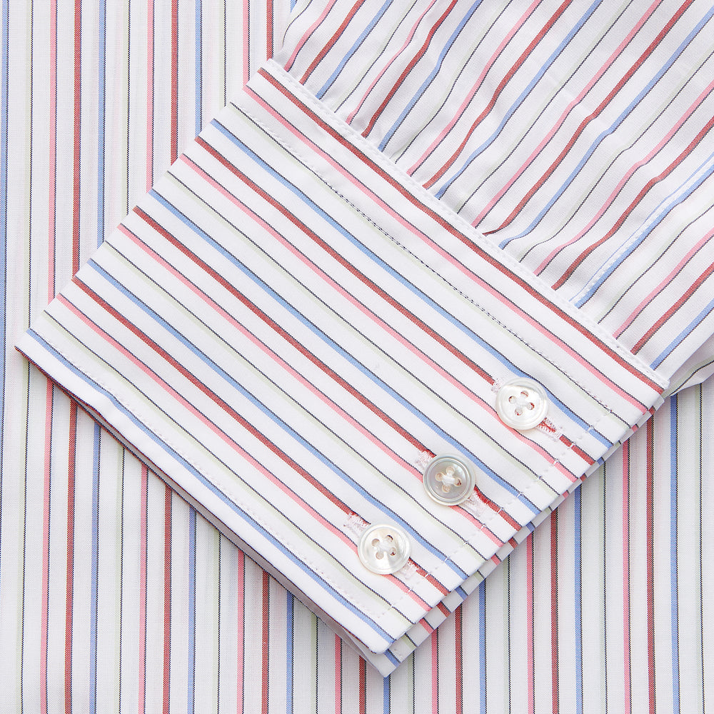 The Turnbull & Asser Red Multi Blazer Stripe Mayfair Shirt features a regular fit, thin red and blue stripes on white, buttoned cuffs, a T&A collar, and classic formal styling.