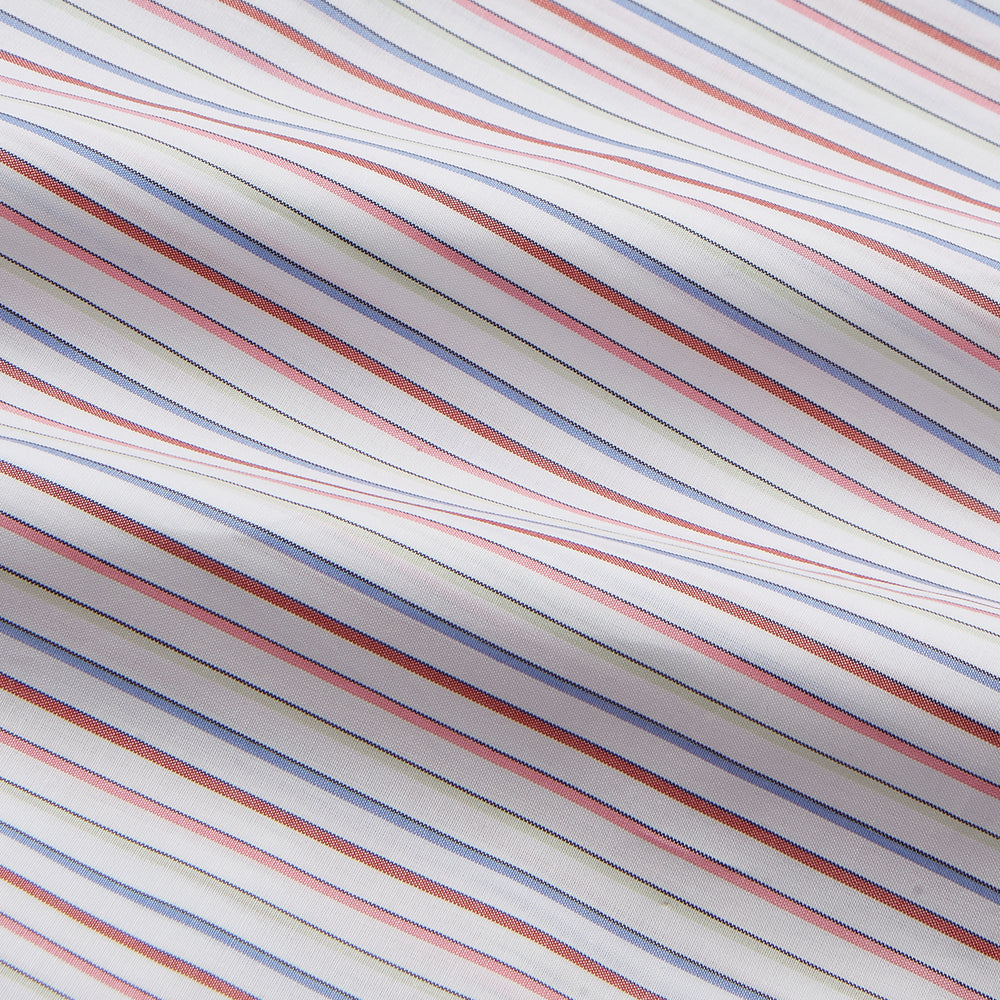 The Turnbull & Asser Red Multi Blazer Stripe Mayfair Shirt features a regular fit, thin red and blue stripes on white, buttoned cuffs, a T&A collar, and classic formal styling.