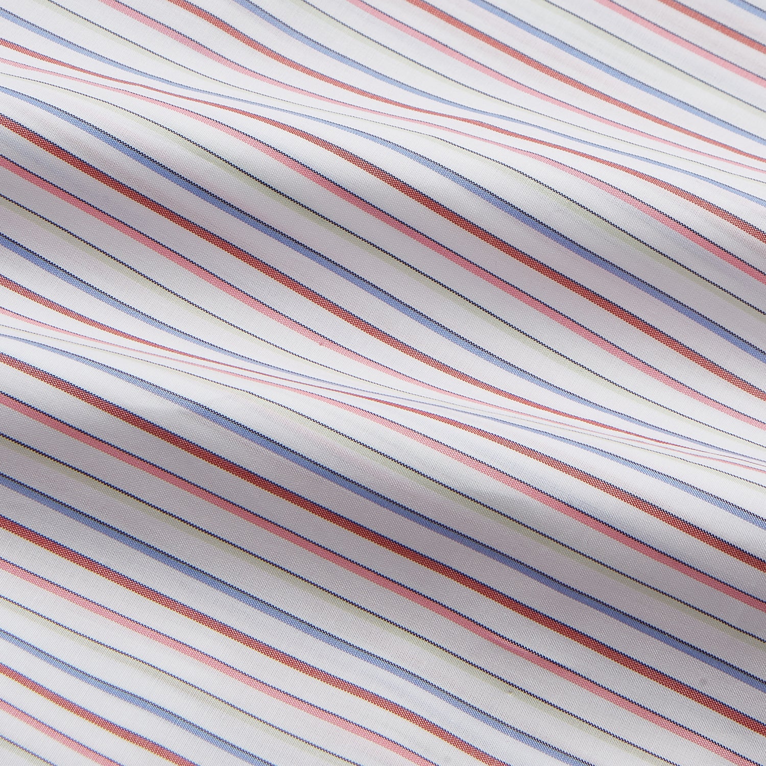View 3 of product The Turnbull & Asser Red Multi Blazer Stripe Mayfair Shirt features a regular fit, thin red and blue stripes on white, buttoned cuffs, a T&A collar, and classic formal styling.
