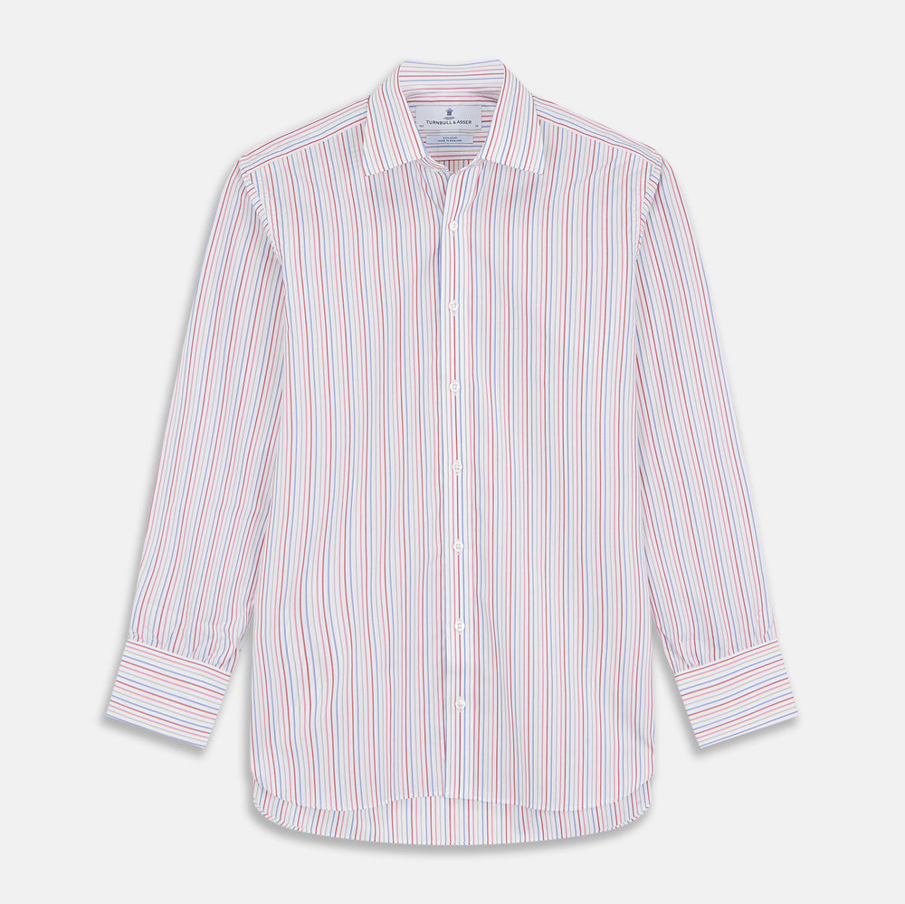 The Turnbull & Asser Red Multi Blazer Stripe Mayfair Shirt features a regular fit, thin red and blue stripes on white, buttoned cuffs, a T&A collar, and classic formal styling.