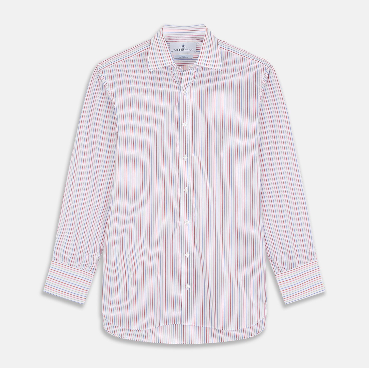 View 1 of product The Turnbull & Asser Red Multi Blazer Stripe Mayfair Shirt features a regular fit, thin red and blue stripes on white, buttoned cuffs, a T&A collar, and classic formal styling.