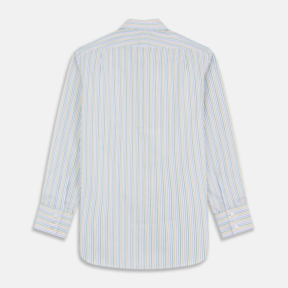 The Turnbull & Asser Yellow Multi Blazer Stripe Regular Fit Mayfair Shirt features a T&A collar and thin blue, yellow, and green stripes on white, shown against a crisp white backdrop.