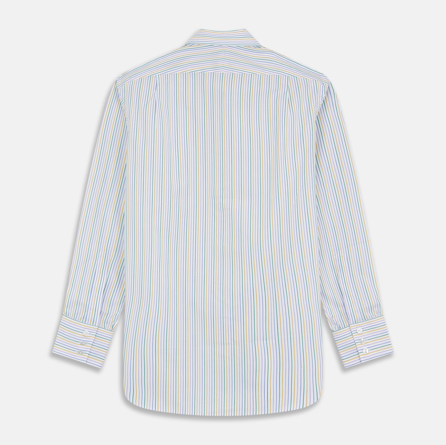 View 5 of product The Turnbull & Asser Yellow Multi Blazer Stripe Regular Fit Mayfair Shirt features a T&A collar and thin blue, yellow, and green stripes on white, shown against a crisp white backdrop.