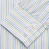 View 3 of product The Turnbull & Asser Yellow Multi Blazer Stripe Regular Fit Mayfair Shirt features a T&A collar and thin blue, yellow, and green stripes on white, shown against a crisp white backdrop.