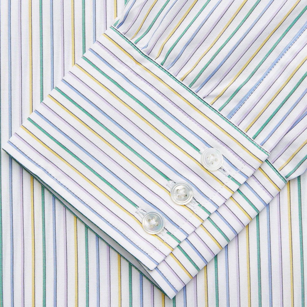 The Turnbull & Asser Yellow Multi Blazer Stripe Regular Fit Mayfair Shirt features a T&A collar and thin blue, yellow, and green stripes on white, shown against a crisp white backdrop.