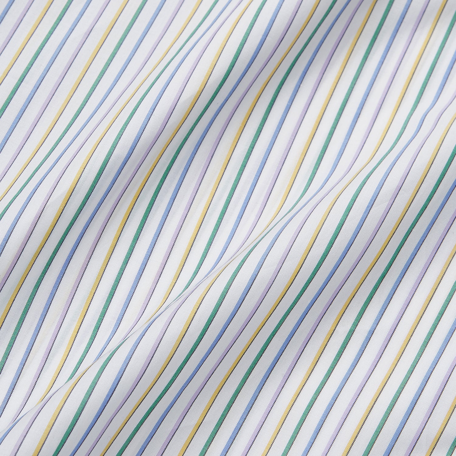 View 4 of product The Turnbull & Asser Yellow Multi Blazer Stripe Regular Fit Mayfair Shirt features a T&A collar and thin blue, yellow, and green stripes on white, shown against a crisp white backdrop.