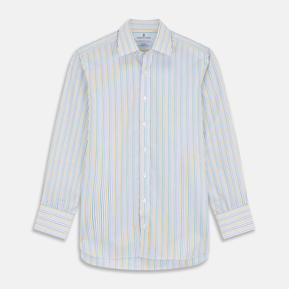 The Turnbull & Asser Yellow Multi Blazer Stripe Regular Fit Mayfair Shirt features a T&A collar and thin blue, yellow, and green stripes on white, shown against a crisp white backdrop.