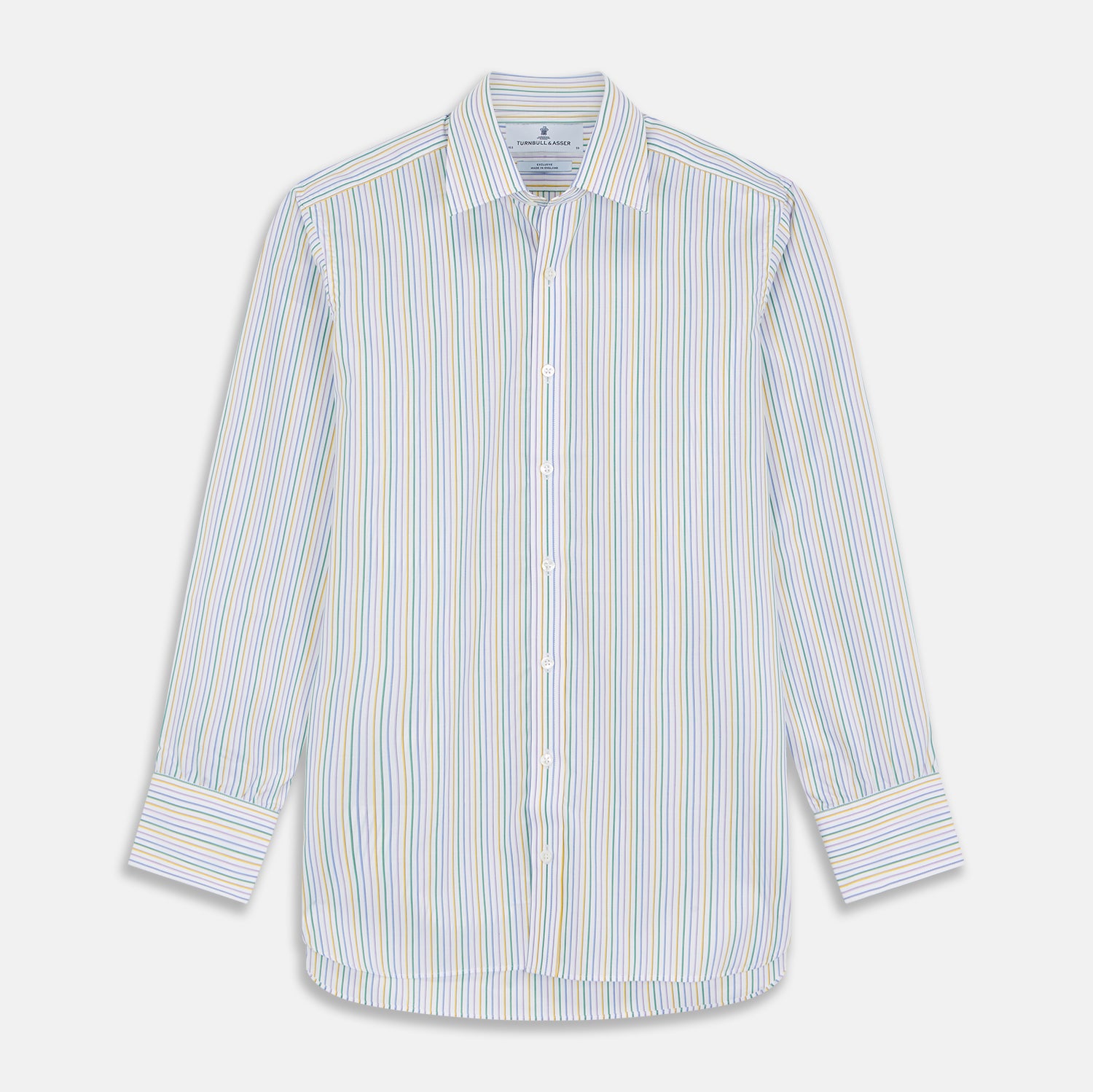 View 1 of product The Turnbull & Asser Yellow Multi Blazer Stripe Regular Fit Mayfair Shirt features a T&A collar and thin blue, yellow, and green stripes on white, shown against a crisp white backdrop.
