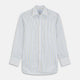 The Turnbull & Asser Yellow Multi Blazer Stripe Regular Fit Mayfair Shirt features a T&A collar and thin blue, yellow, and green stripes on white, shown against a crisp white backdrop.
