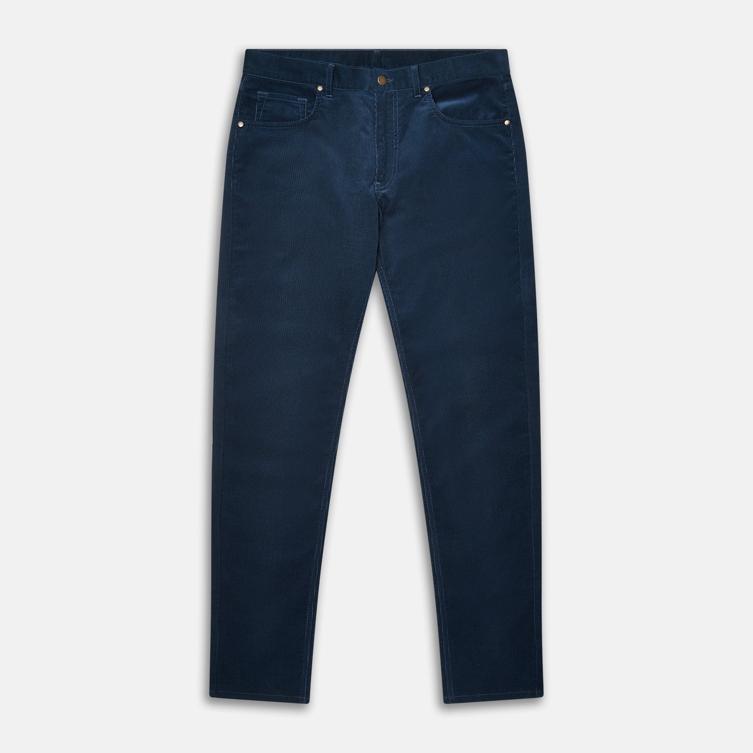View 1 of product The Turnbull & Asser Petrol Cord Mylo Trousers, featuring a classic five-pocket design, are displayed flat on a plain white background.