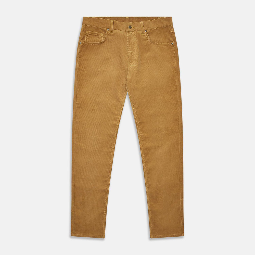 The Caramel Cord Mylo Trousers by Turnbull & Asser, slim-fit with a five-pocket design, are displayed flat on a white background.