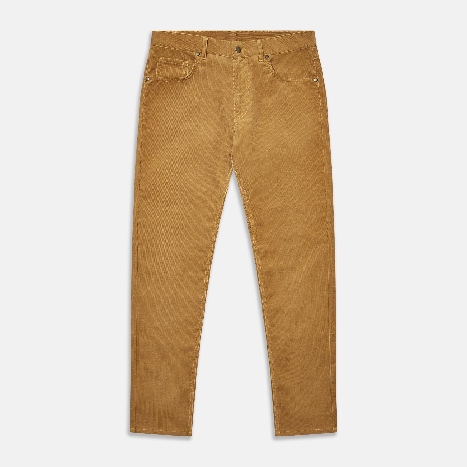 View 1 of product The Caramel Cord Mylo Trousers by Turnbull & Asser, slim-fit with a five-pocket design, are displayed flat on a white background.