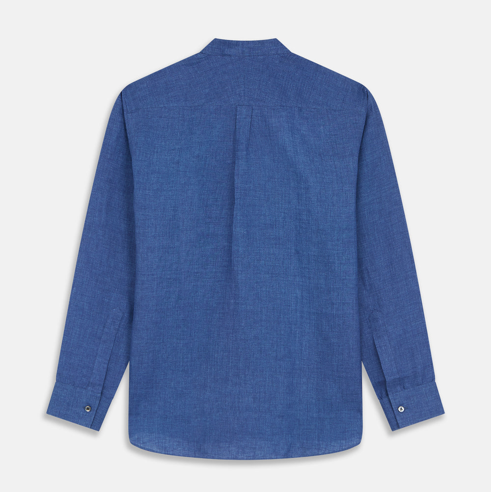 The Turnbull & Asser Navy Linen Weekend Fit Blake Shirt features long sleeves and a stand collar, shown here laid flat on a white background.