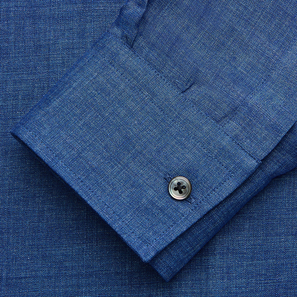 The Turnbull & Asser Navy Linen Weekend Fit Blake Shirt features long sleeves and a stand collar, shown here laid flat on a white background.