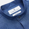 View 2 of product The Turnbull & Asser Navy Linen Weekend Fit Blake Shirt features long sleeves and a stand collar, shown here laid flat on a white background.