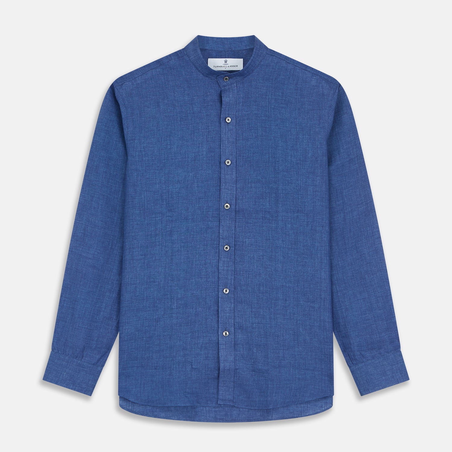 View 1 of product The Turnbull & Asser Navy Linen Weekend Fit Blake Shirt features long sleeves and a stand collar, shown here laid flat on a white background.