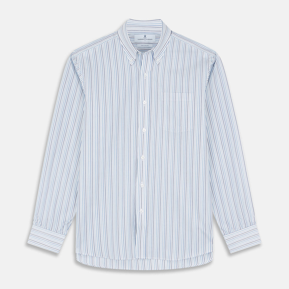 The Turnbull & Asser Blue Multi Blazer Stripe Weekend Fit Suffolk Shirt is a long-sleeved, collared button-up with vertical blue stripes and a chest pocket, shown laid flat on a white background—ideal for casual weekends.