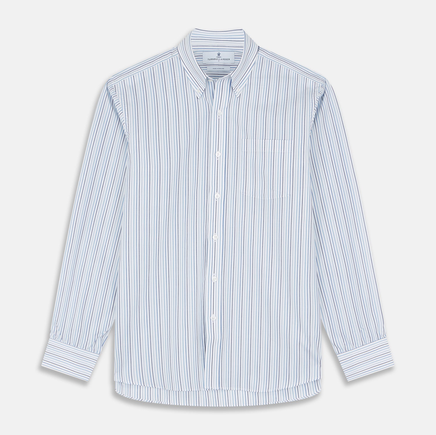 View 1 of product The Turnbull & Asser Blue Multi Blazer Stripe Weekend Fit Suffolk Shirt is a long-sleeved, collared button-up with vertical blue stripes and a chest pocket, shown laid flat on a white background—ideal for casual weekends.