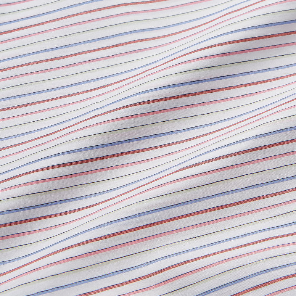 The Turnbull & Asser Red Multi Blazer Stripe Weekend Fit Suffolk Shirt features blue, red, and white stripes, a Dorset collar, single breast pocket, and long sleeves. Displayed flat against a white background.