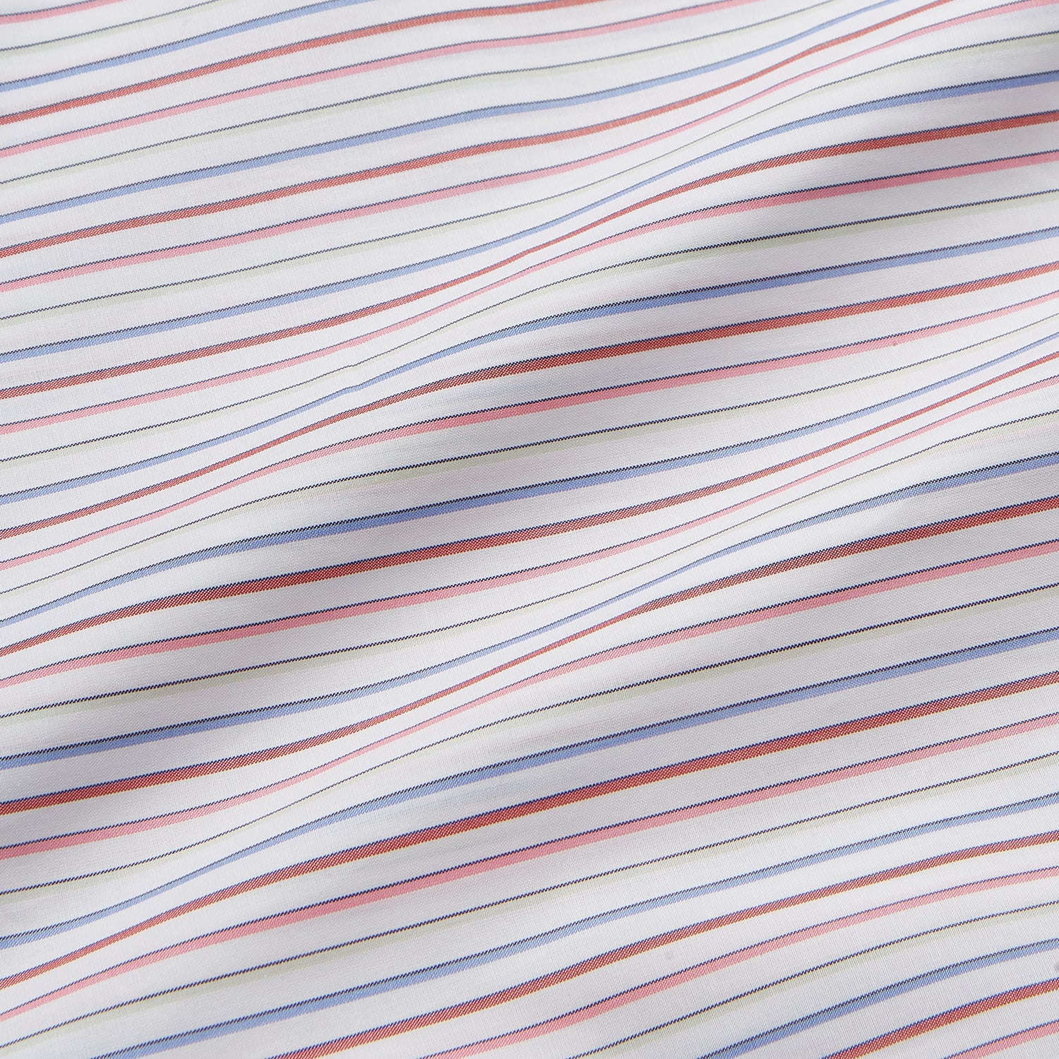 View 3 of product The Turnbull & Asser Red Multi Blazer Stripe Weekend Fit Suffolk Shirt features blue, red, and white stripes, a Dorset collar, single breast pocket, and long sleeves. Displayed flat against a white background.