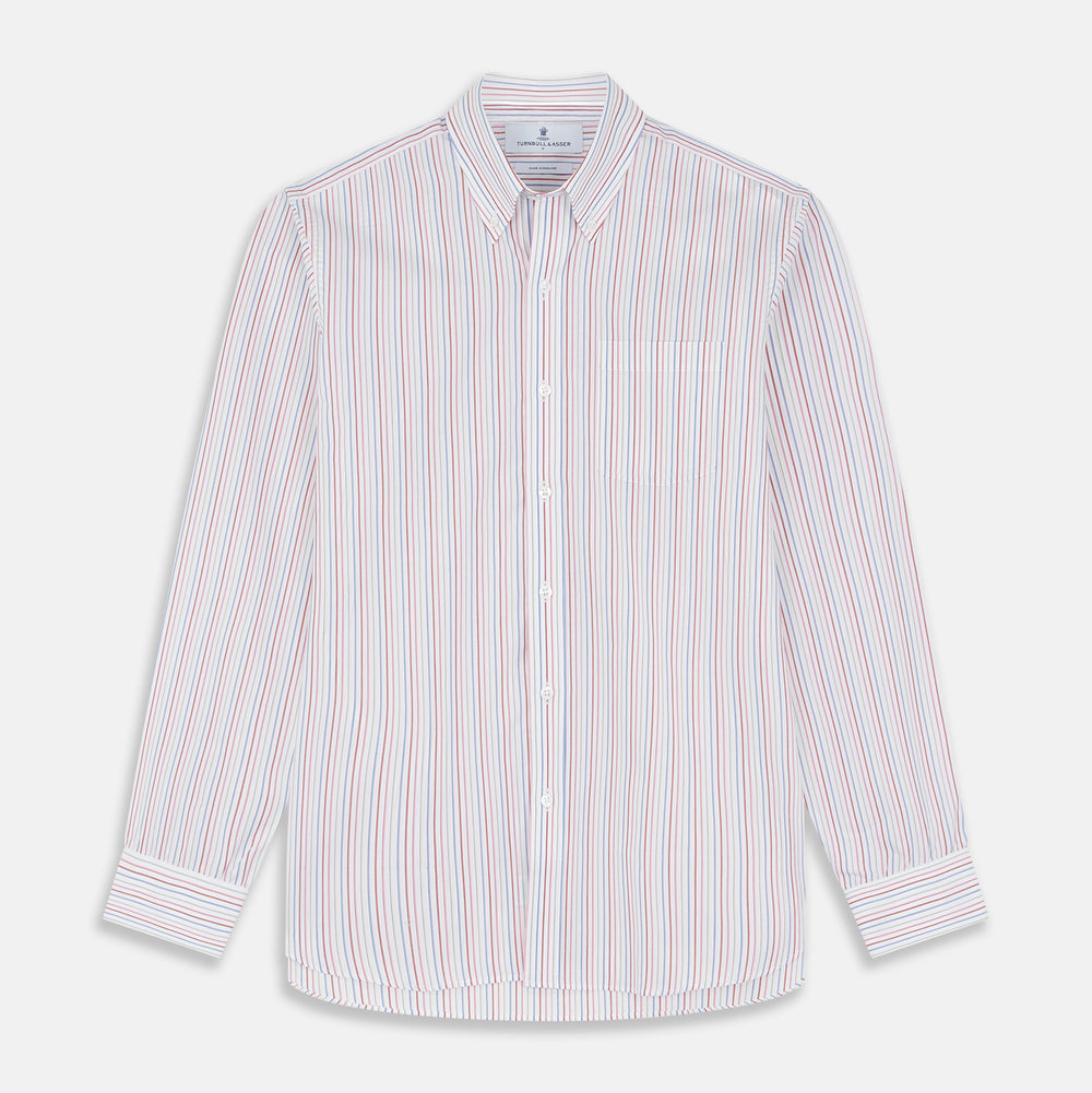 The Turnbull & Asser Red Multi Blazer Stripe Weekend Fit Suffolk Shirt features blue, red, and white stripes, a Dorset collar, single breast pocket, and long sleeves. Displayed flat against a white background.