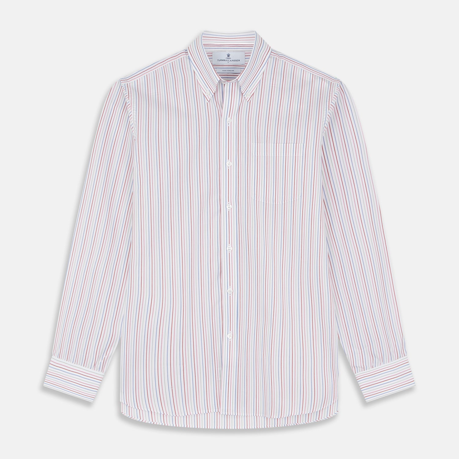 View 1 of product The Turnbull & Asser Red Multi Blazer Stripe Weekend Fit Suffolk Shirt features blue, red, and white stripes, a Dorset collar, single breast pocket, and long sleeves. Displayed flat against a white background.