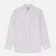 The Turnbull & Asser Red Multi Blazer Stripe Weekend Fit Suffolk Shirt features blue, red, and white stripes, a Dorset collar, single breast pocket, and long sleeves. Displayed flat against a white background.