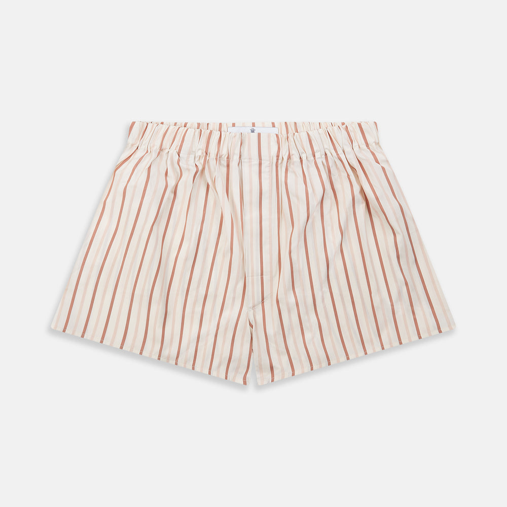 Turnbull & Asser’s Burgundy Multi Striped Cotton Godfrey Boxer Shorts feature a comfortable elastic waistband and stylish vertical red and beige stripes on white—a perfect choice for men’s underwear.