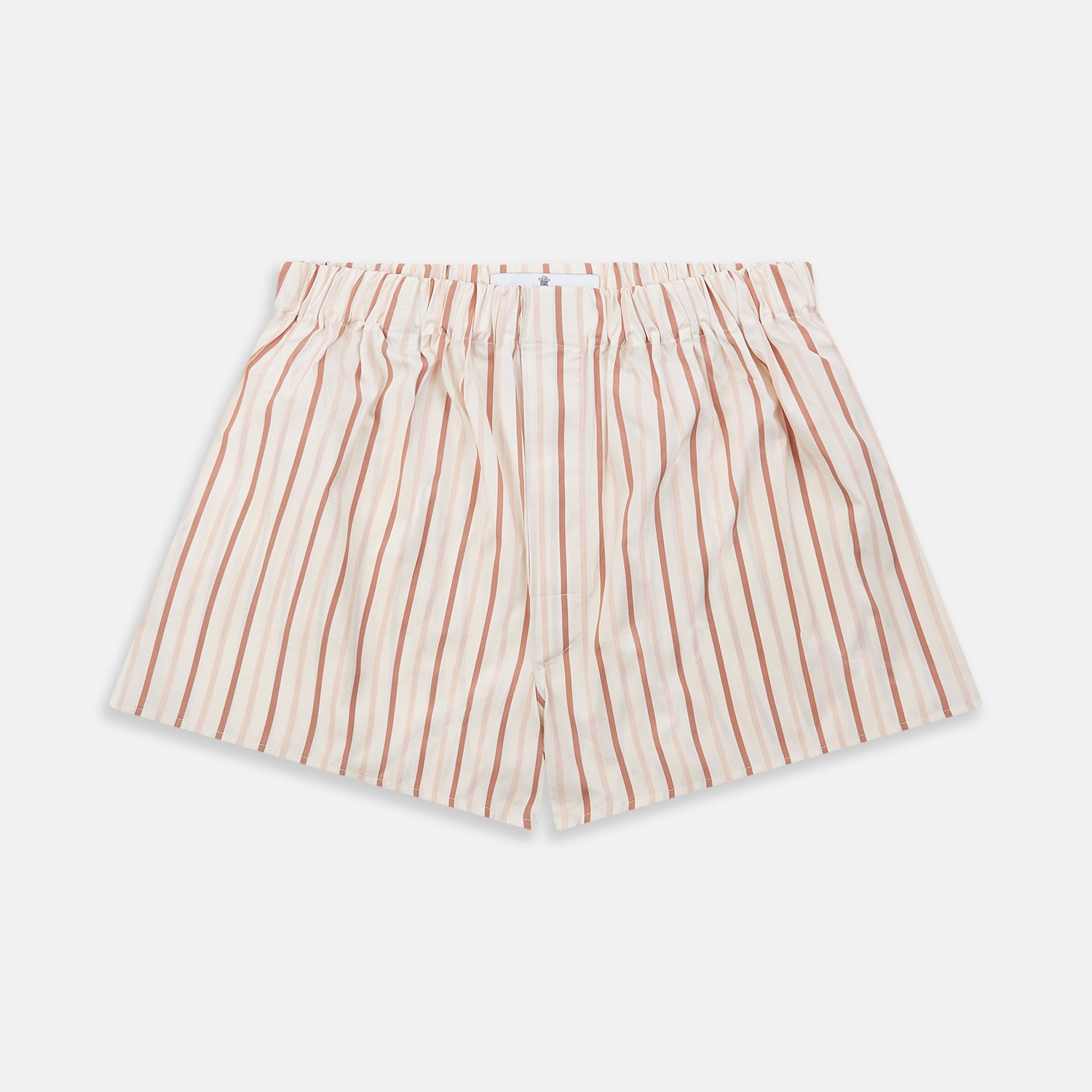 View 1 of product Turnbull & Asser’s Burgundy Multi Striped Cotton Godfrey Boxer Shorts feature a comfortable elastic waistband and stylish vertical red and beige stripes on white—a perfect choice for men’s underwear.