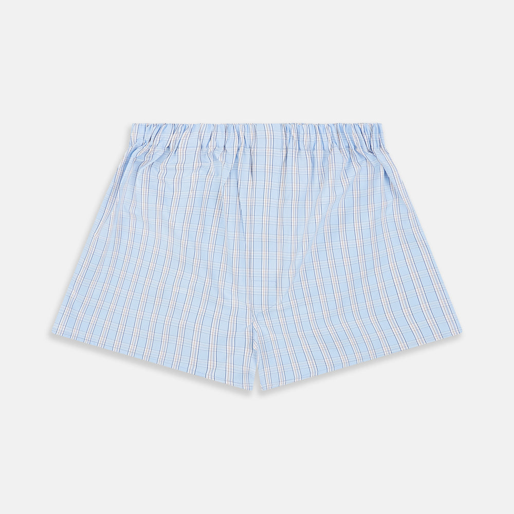 Turnbull & Asser Pale Blue Multi Check Cotton Godfrey Boxer Shorts with an elastic waistband, crafted from luxury cotton, displayed flat on a white background.