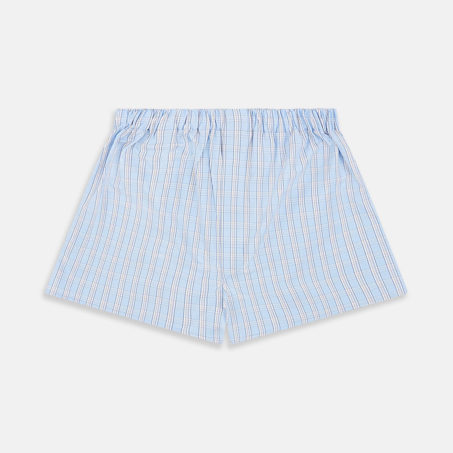 View 1 of product Turnbull & Asser Pale Blue Multi Check Cotton Godfrey Boxer Shorts with an elastic waistband, crafted from luxury cotton, displayed flat on a white background.