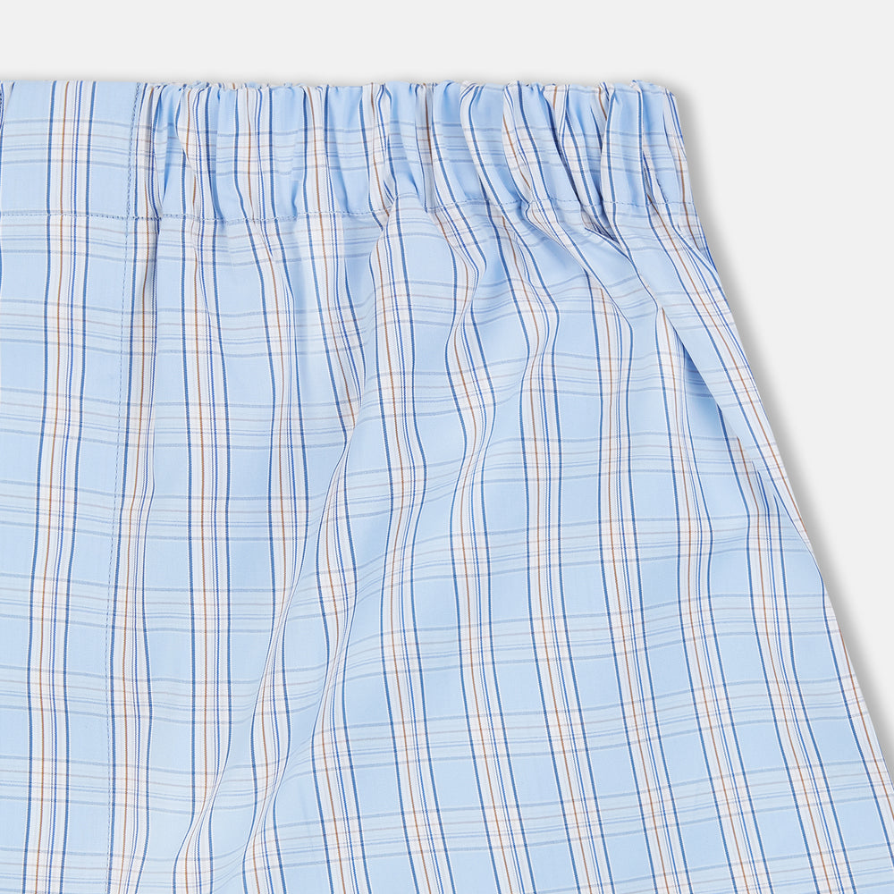 Turnbull & Asser Pale Blue Multi Check Cotton Godfrey Boxer Shorts with an elastic waistband, crafted from luxury cotton, displayed flat on a white background.