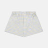 View 1 of product The Turnbull & Asser Yellow Multi Check Cotton Godfrey Boxer Shorts feature a light blue and yellow plaid, soft cotton fabric, and an elastic waistband, shown flat on a white background.