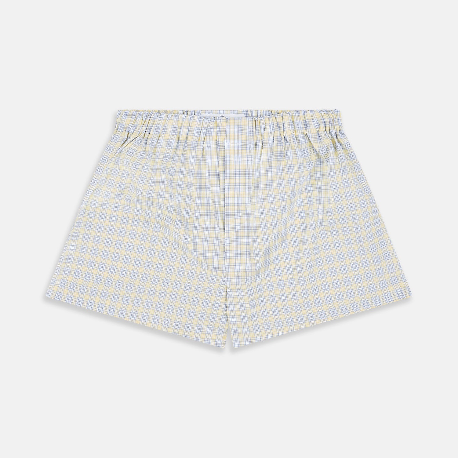 View 1 of product The Turnbull & Asser Yellow Multi Check Cotton Godfrey Boxer Shorts feature a light blue and yellow plaid, soft cotton fabric, and an elastic waistband, shown flat on a white background.