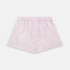 View 1 of product Turnbull & Asser Pink Multi Striped Cotton Godfrey Boxer Shorts feature vertical light pink and white stripes and an elastic waistband—luxury underwear that combines classic style with comfort. Displayed flat against a white background.