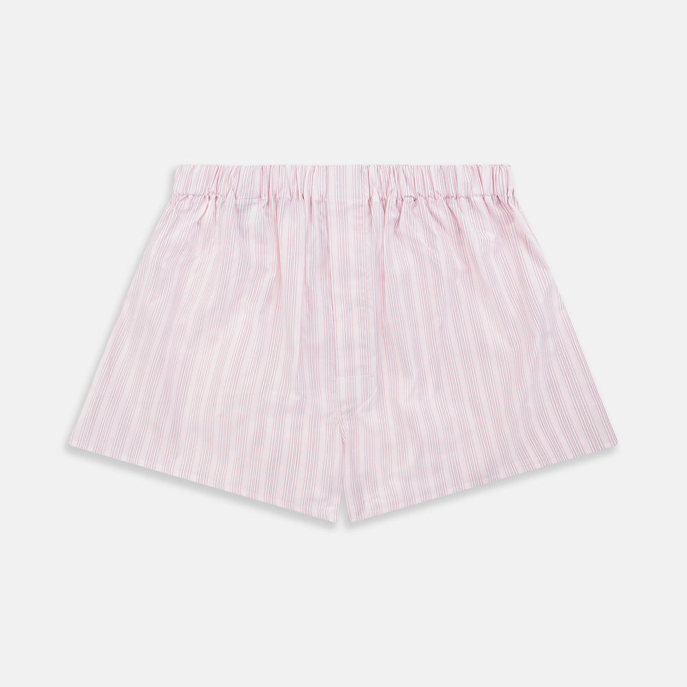 Turnbull & Asser Pink Multi Striped Cotton Godfrey Boxer Shorts feature vertical light pink and white stripes and an elastic waistband—luxury underwear that combines classic style with comfort. Displayed flat against a white background.