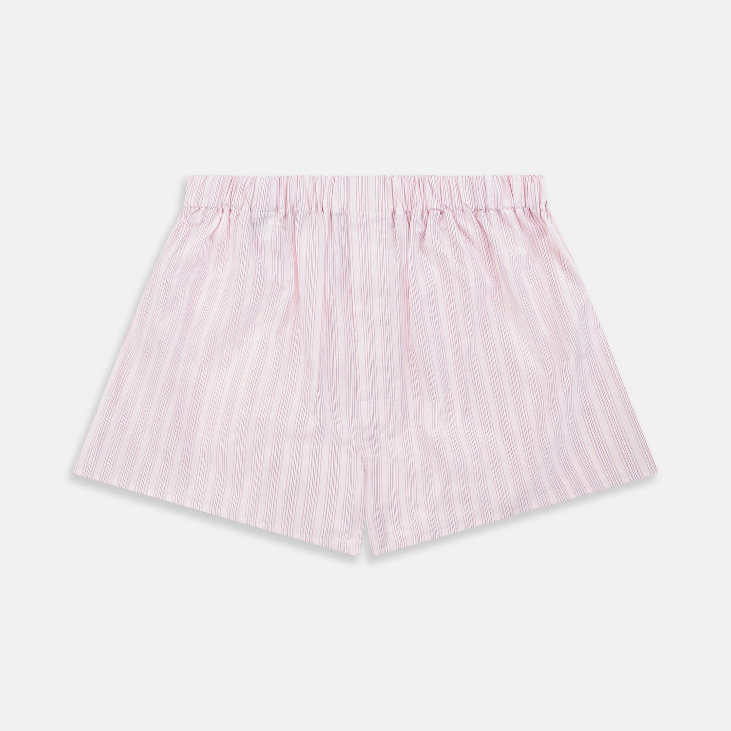 View 1 of product Turnbull & Asser Pink Multi Striped Cotton Godfrey Boxer Shorts feature vertical light pink and white stripes and an elastic waistband—luxury underwear that combines classic style with comfort. Displayed flat against a white background.