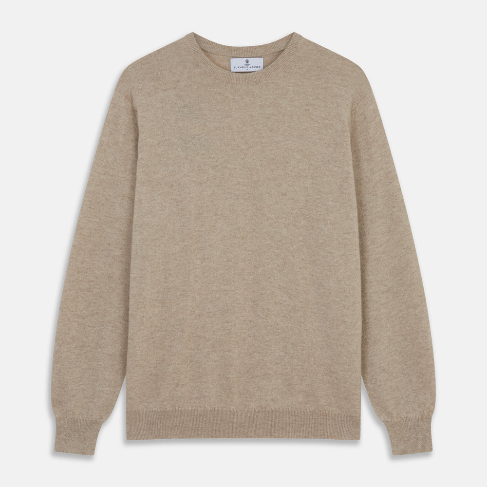 The Turnbull & Asser Beige Cashmere Glenn Jumper is a crewneck sweater shown against a white background.