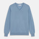 The Turnbull & Asser Pale Blue Cashmere Paden V-Neck Jumper features long sleeves, ribbed cuffs and hem, and is shown laid flat on a white background—an ideal choice for men's style.