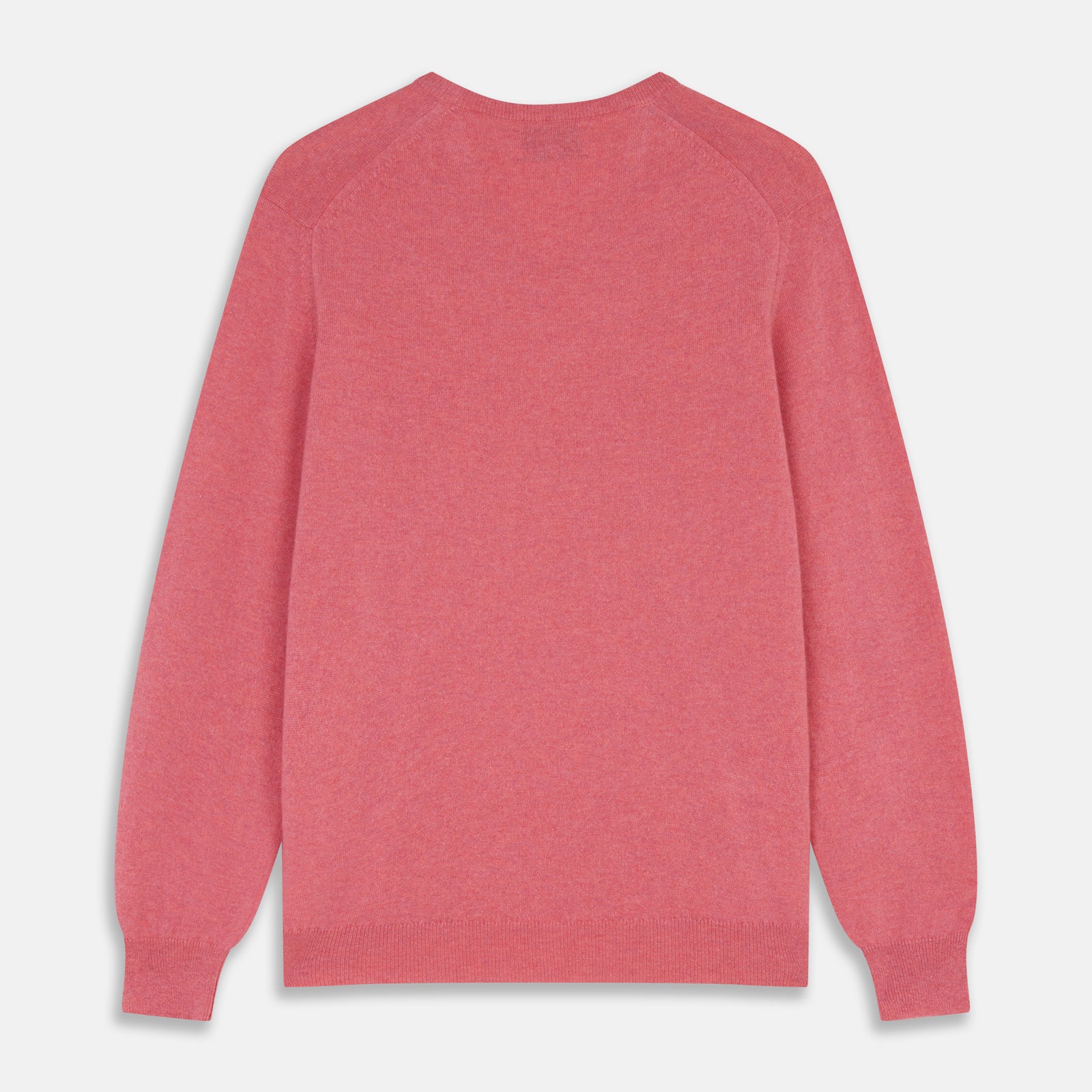 View 3 of product The Pink Cashmere Paden V-Neck Jumper by Turnbull & Asser, knitted in Scotland, is shown laid flat on a white background. This long-sleeved sweater features ribbed cuffs, hem, and neckline.