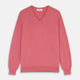 The Pink Cashmere Paden V-Neck Jumper by Turnbull & Asser, knitted in Scotland, is shown laid flat on a white background. This long-sleeved sweater features ribbed cuffs, hem, and neckline.