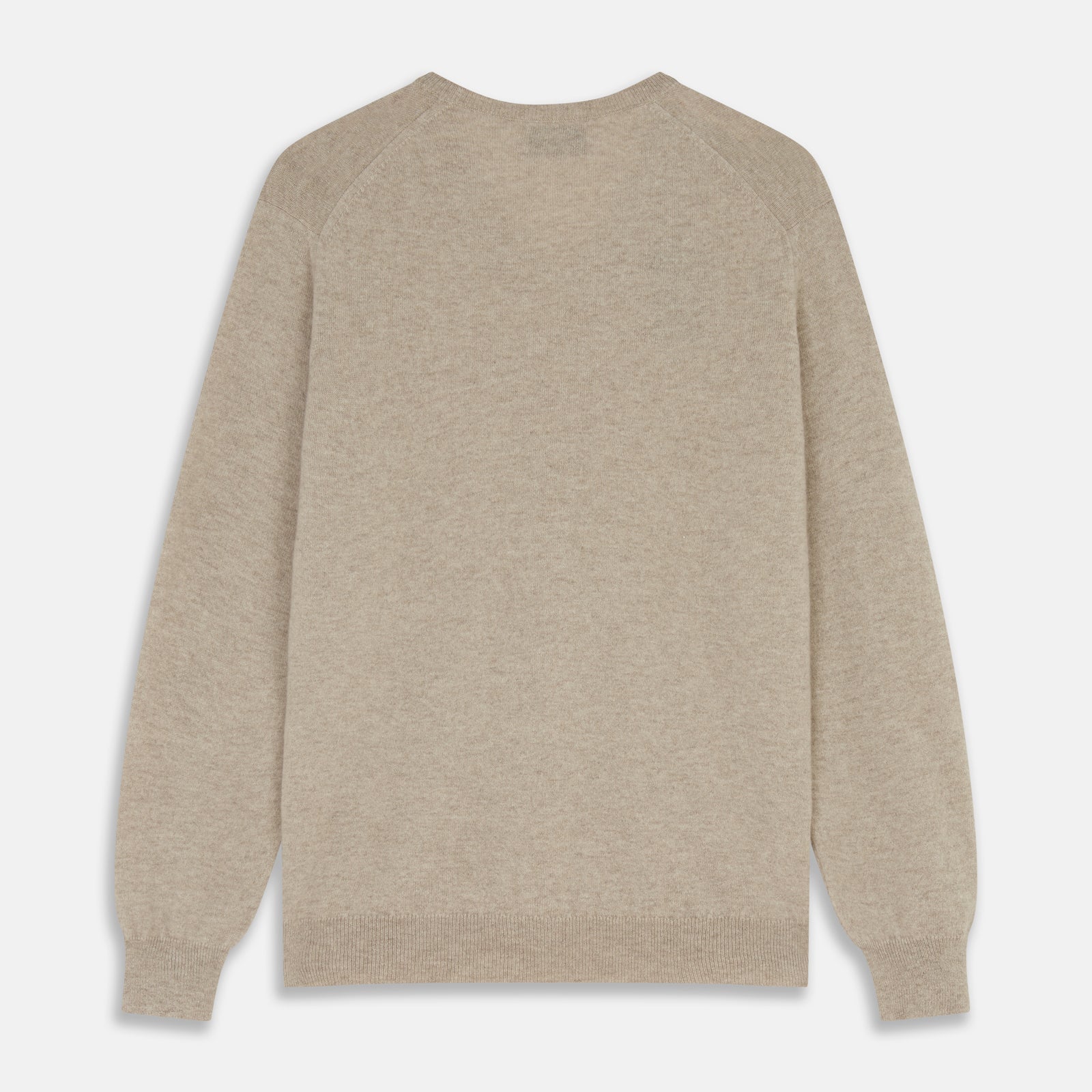 View 3 of product The Turnbull & Asser Beige Cashmere Paden V-Neck Jumper is laid flat on a white background. Knitted in Scotland, this men's staple features ribbed cuffs, hem, and neckline with a soft, smooth texture.