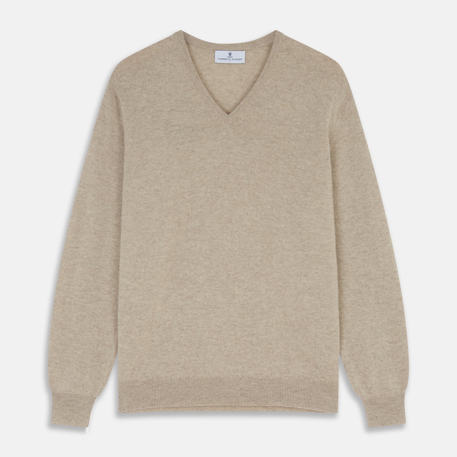 View 1 of product The Turnbull & Asser Beige Cashmere Paden V-Neck Jumper is laid flat on a white background. Knitted in Scotland, this men's staple features ribbed cuffs, hem, and neckline with a soft, smooth texture.