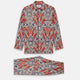 The Turnbull & Asser Red Baroque Silk-Blend Hyde Pyjama Set features a long-sleeve button-up shirt and matching pants in an intricate red, blue, and beige floral-geometric print, displayed flat against a white background.
